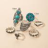 European and American Popular Accessories Retro Ethnic Style Turquoise Elephant Geometric Graphic 7-piece Silver Ring Set