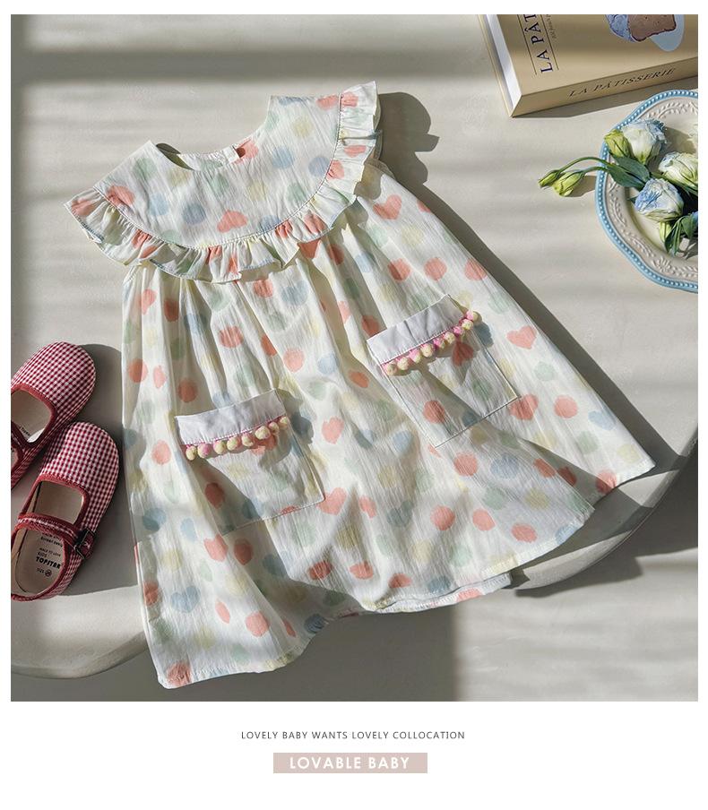2024 Summer New Children's Clothes Colorful Polka Dot Girl Dress Korean Ruffle Doll Collar Children's Skirt Sweet