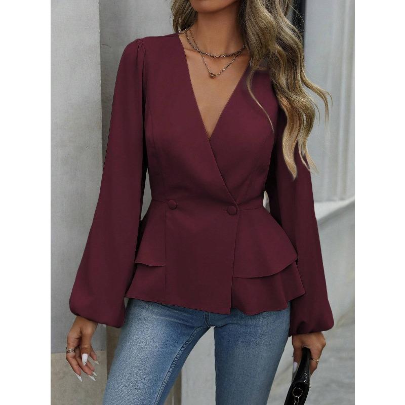 JPNTKY Women's Fashion Casual Solid Color Print Long Sleeve V Neck Blouses & Shirts Unique Design