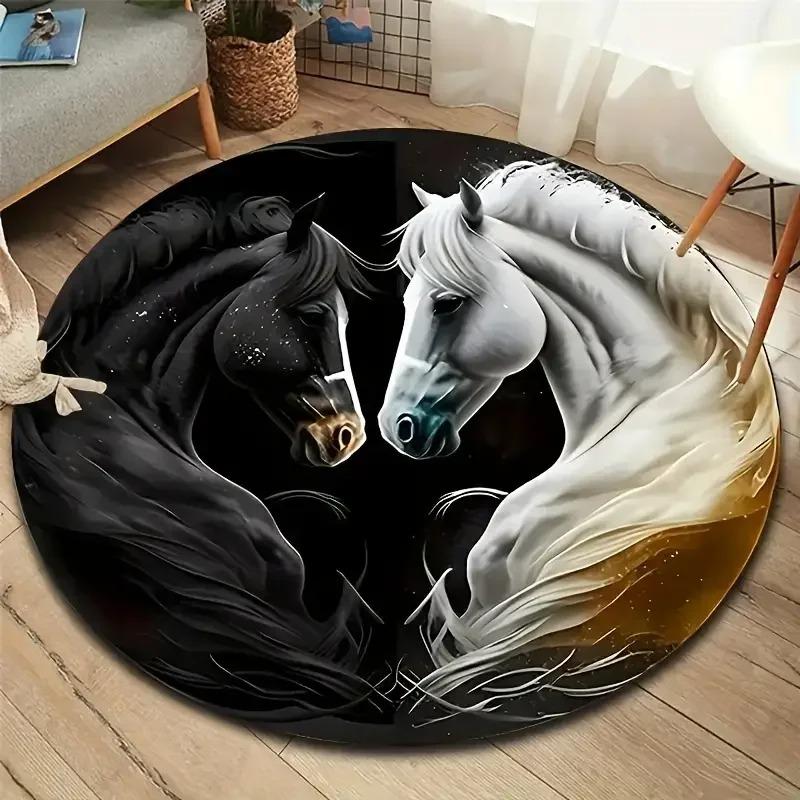 Black White Horse Couple Floral Round Rug Carpet Floor Mat Door Mat Entrance Mat for Living Room Play Room Home Decoration