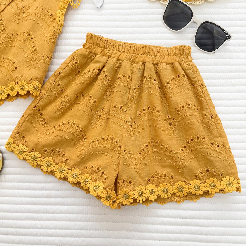 Summer Girls Lace Hollow Out Vest And Ruffle Shorts Set Two Piece Vacation Casual Outfit For Kids