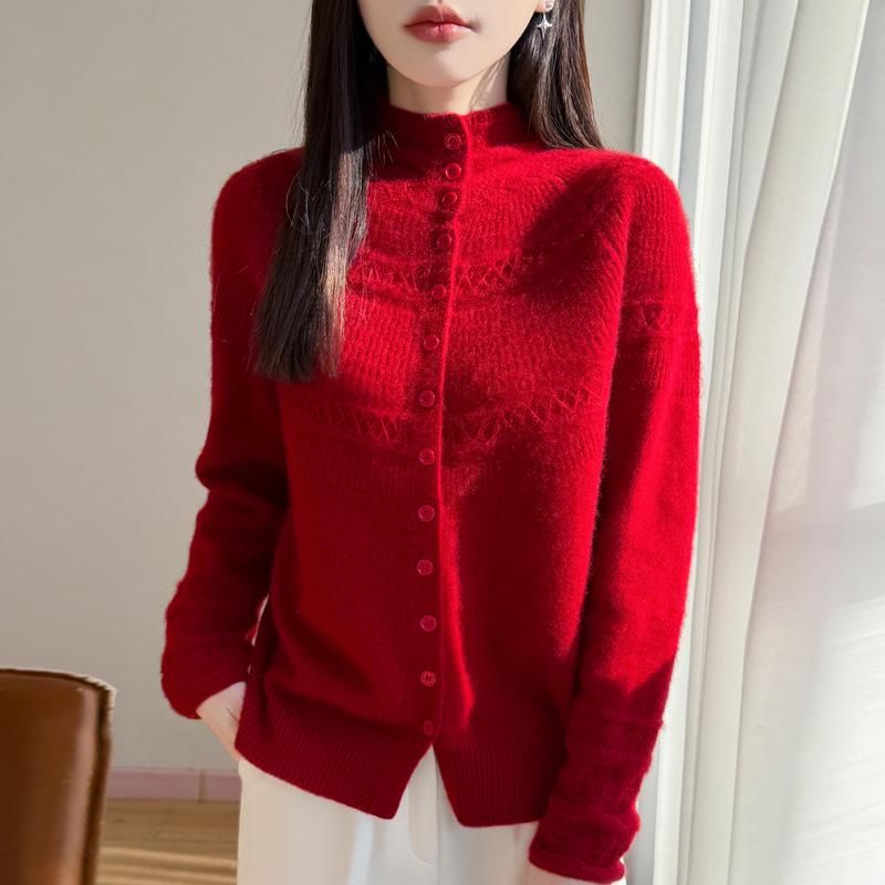 Women's Autumn/Winter 2026 Cashmere Thick Knit Cardigan Sweater with Half-High Neck