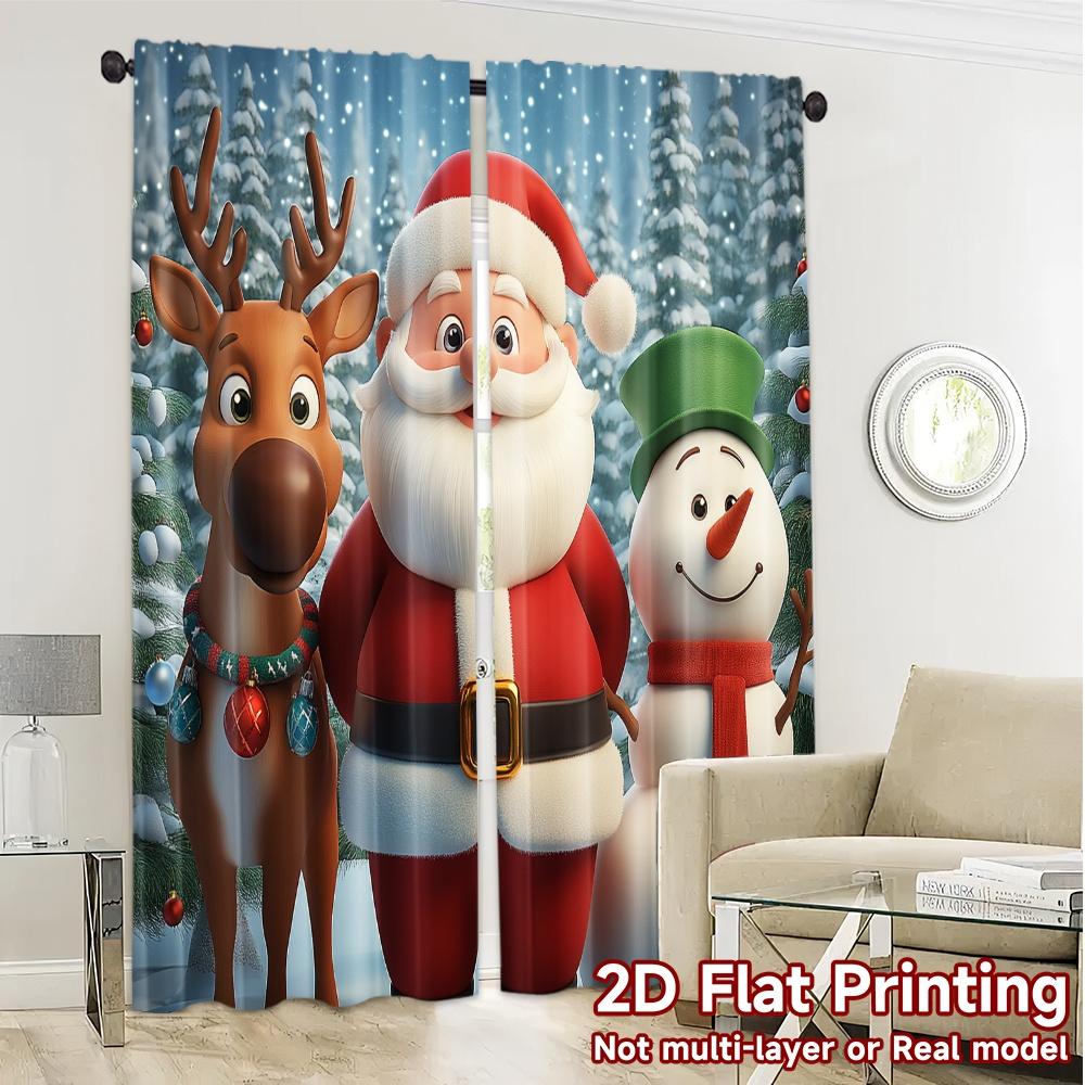 2pcs,Curtains Cute Santa Claus with Reindeer Snowman (2) Fashionable Popular Curtains Semi-Sheer Curtains Decorations Inside