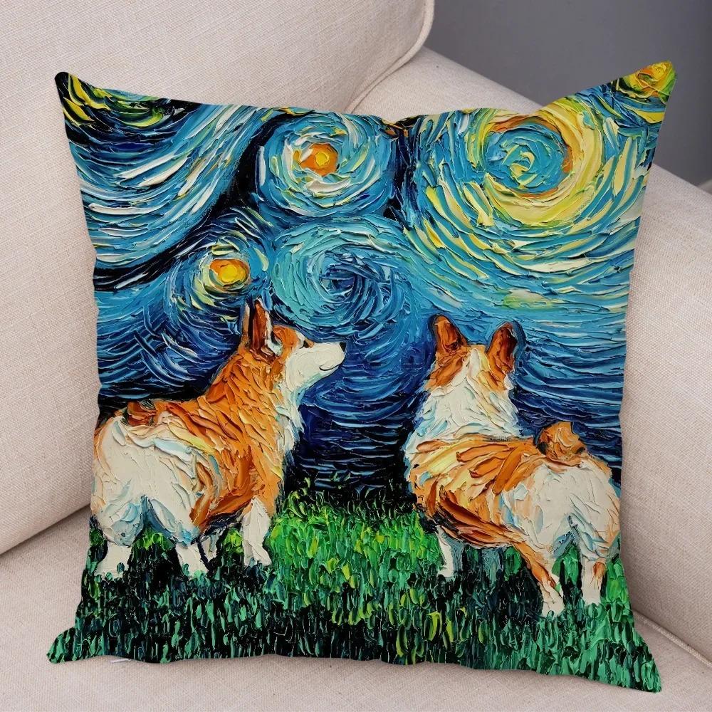 Colorful Oil Painting Pet Animal Pillowcase Starry Sky Art Cartoon Dog Cushion Cover Decorative Sofa