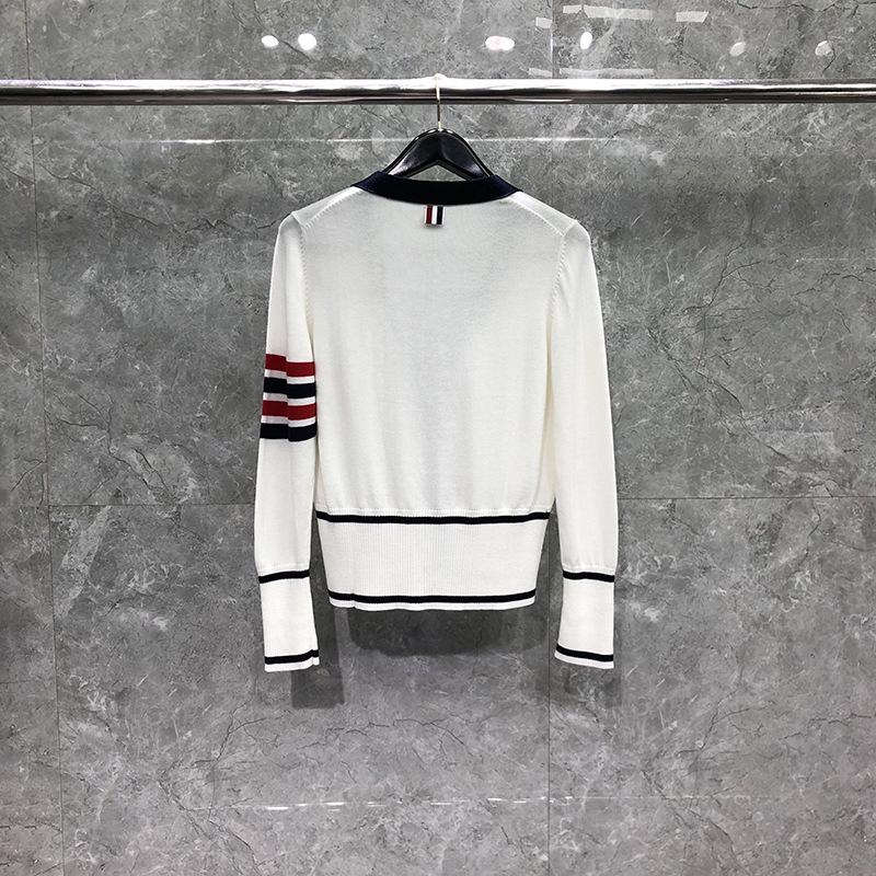 TIME BREATHE Women's Early Spring V-neck Red/Black Four-Stripe Cardigan Sweater: Casual, Versatile Knitwear
