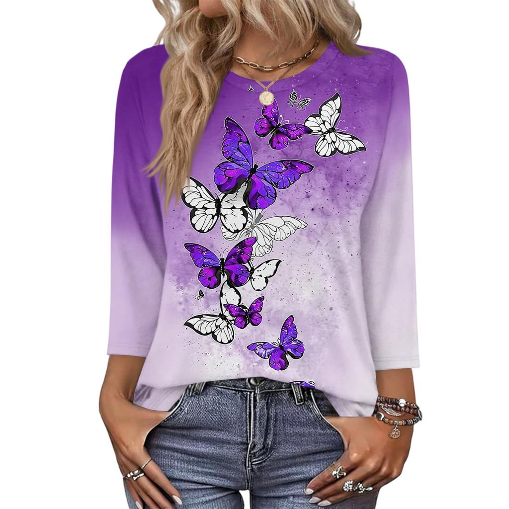 343/4 Sleeve Shirts For Women Cute Print Graphic Tees Blouses Casual Plus Size Basic Tops Pullover