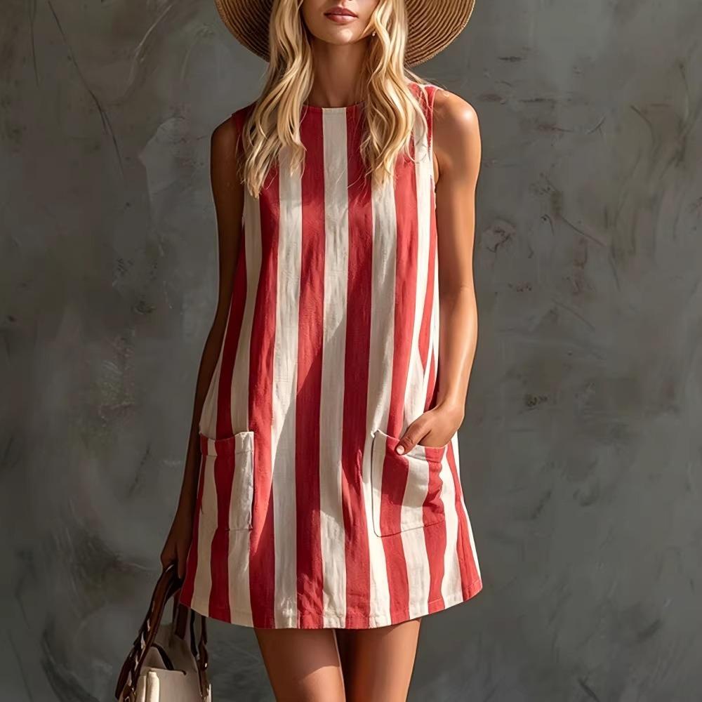 Vintage Striped Mini Dress, Round Neck Sleeveless Women Dress