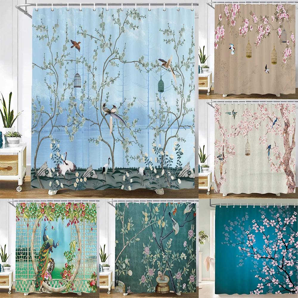 Chinese Style Flower Bird Shower Curtains Waterproof Bathroom   Curtain 3d Printed Fabric With Hooks Decoration Shower Curtain