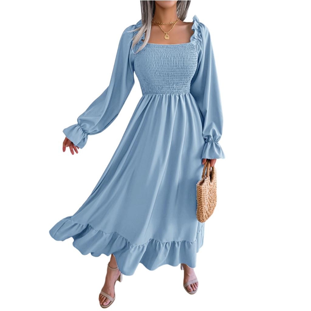 Women's Casual Color Square Neck Flared Sleeves, Large Swing Ruffle Edge Long Skirt Dress