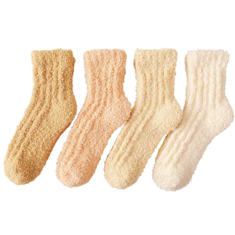 4Pairs Winter Floor Plush Socks Thickened Mid Tube Socks Women Cute Coral Fleece Socks Winter