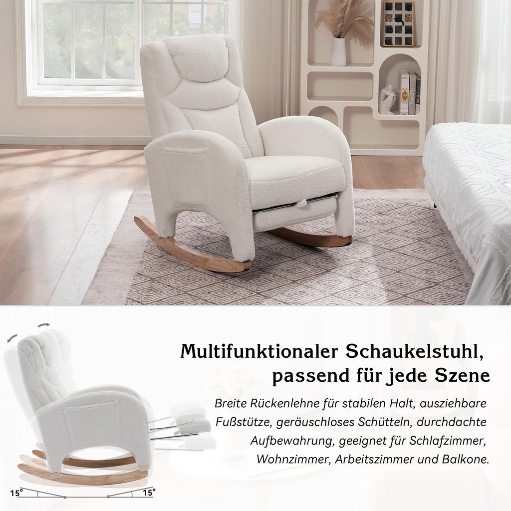 052 Rocking Chair, Recliner, Living Room Chair with Armrest, Upholstered, Accent Chair for Bedroom, White Teddy Fabric, 110 Kg Load Capacity