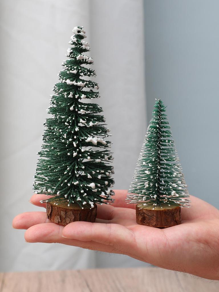 2pcs Mini Green Christmas Tree Decoration,Snow-Covered Artificial Pine Trees with Wooden Base,Tabletop Xmas Trees for Home Decor