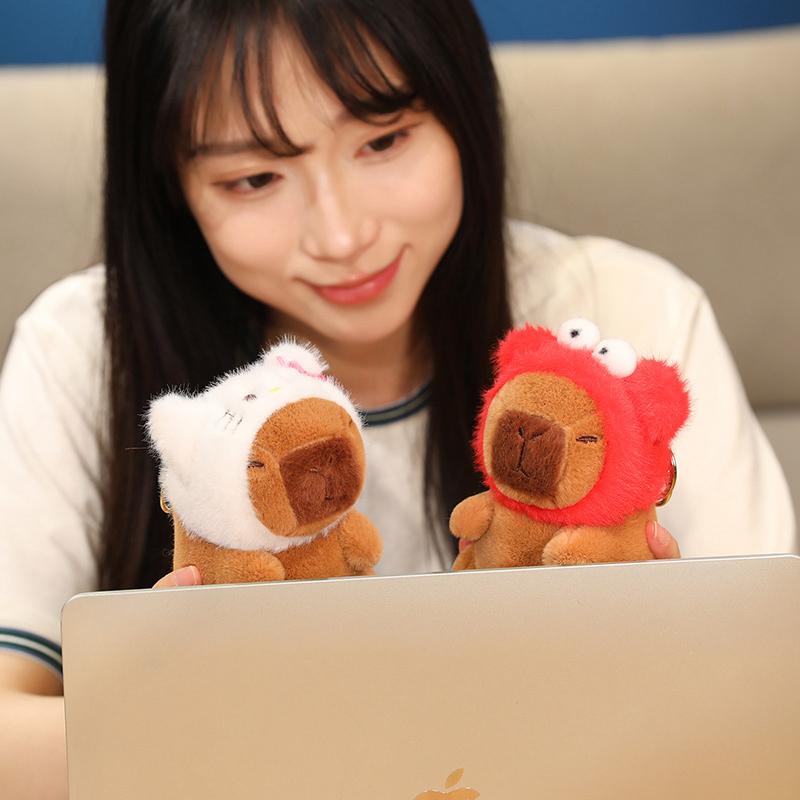 12cm Kawaii Anime Capybara Plushies With Pikachu Stitch Lucifer Cat Hat Doll Stuffed Animals Capybara Plushies Girl Toys