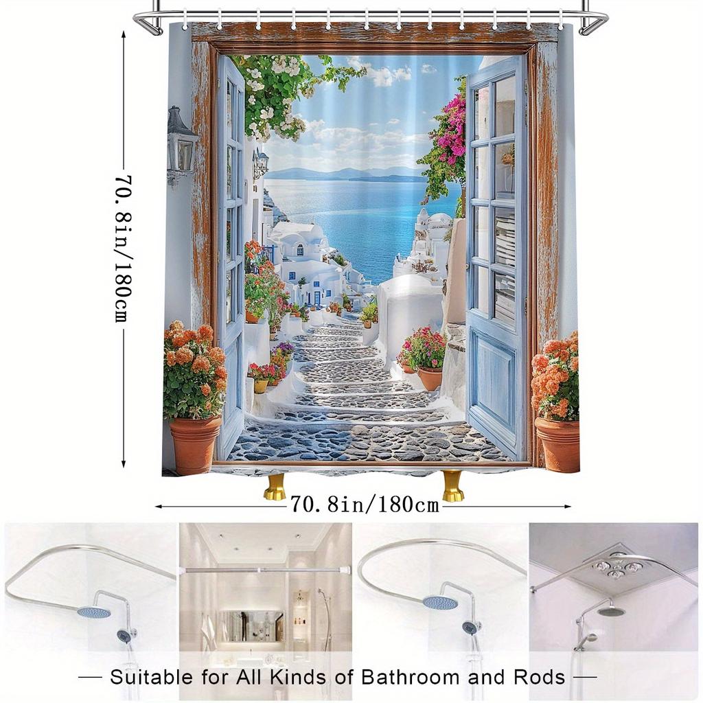 Tenda Doccia Isole Greche - Edifici Bianchi, Mare Azzurro e Fiori, Scena Mediterranea Vivace, Resistente all'Acqua