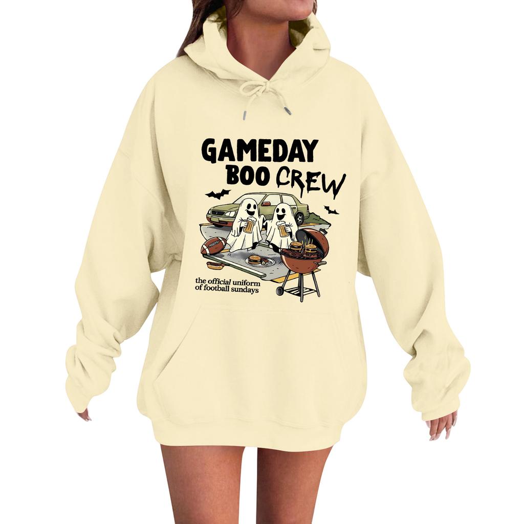 Women's Casual Fashion Comfortable Round Neck Gameday Boocrew Halloween Print Hooded Sweatshirt
