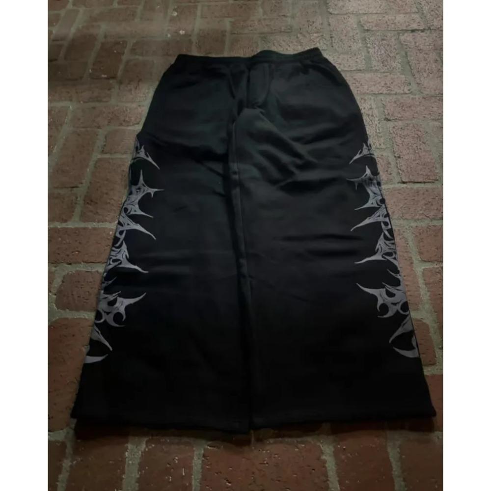 RogueWave Y2k Retro Casual Pants Harajuku Gothic Graphic Print Loose Elastic Waist Cotton Straight Trousers Men Women Hip Hop Street Wear