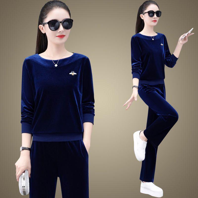 Velvet Soft Casual Sportswear Set for Women - Spring/Autumn Fashion Stylish Round-neck Large Size Two-Piece Set