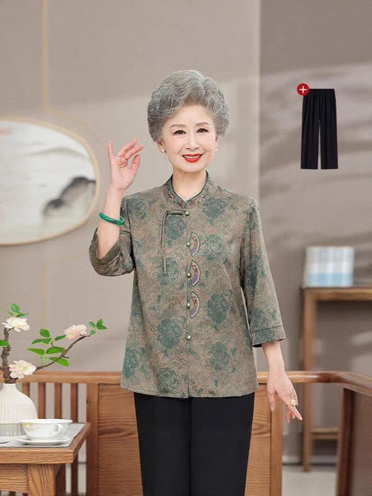 Women's Seven-Sleeve Spring-Autumn Shirt - Thin, Stylish Top for Middle-Aged & Elderly