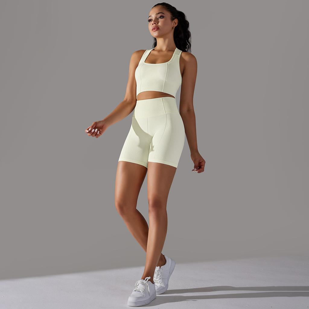 Nessaj Yoga Clothing Set Women Seamless Knit Gym Set Solid Colour Shorts Backless Fitness Underwear Sportswear
