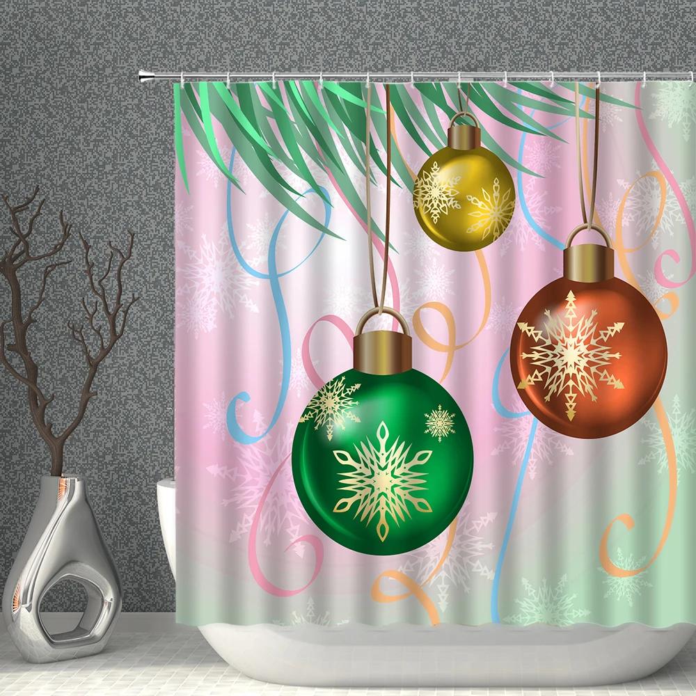 ChristmasTree Bells Shower Curtain Set Happy New Year Waterproof Polyester Cloth Curtains With Hooks Bathroom Home Decor