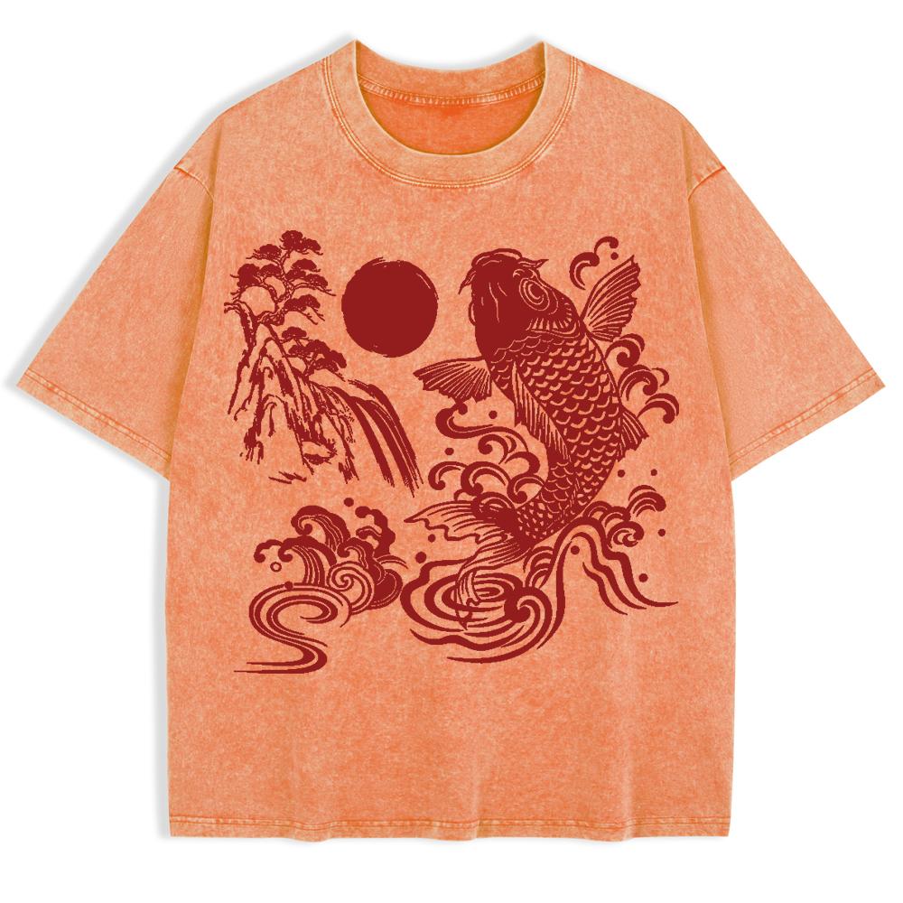 Harajuku Japanische Koi-Prints Gewaschene T-Shirts Herren Baumwolle Oversize T-Shirt Sommer Kurzarm Oberteile Freizeitkleidung