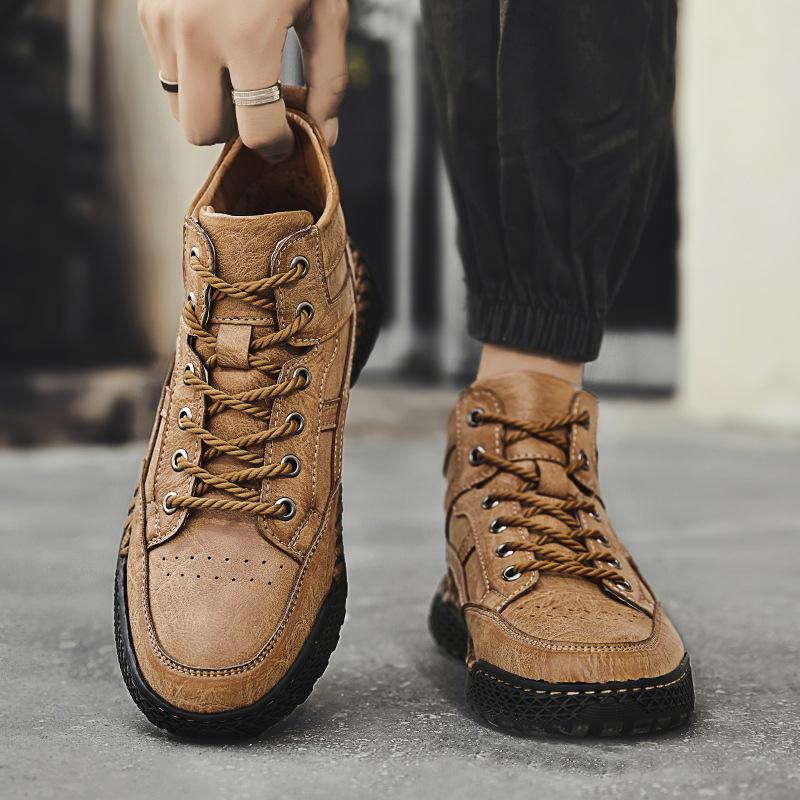 2025 winter new mid-top Martin boots men's large size hand-sewn short boots foreign trade velvet high-top leather boots