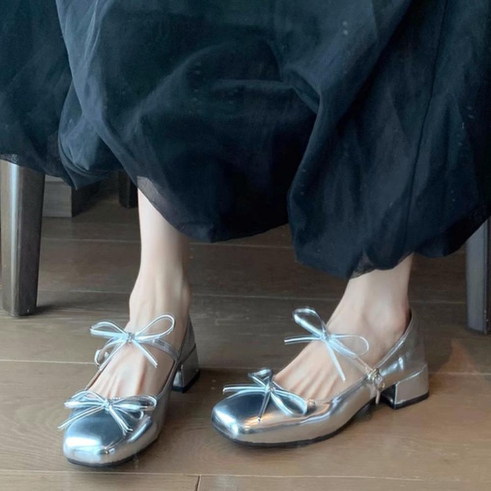 Modische flache Schuhe für Damen 2025 Frühling Sommer Neu Flacher Ausschnitt Gerader Schnallenriemen Pumps Grob Absatz Schleife Mary Jane Schuh Damen