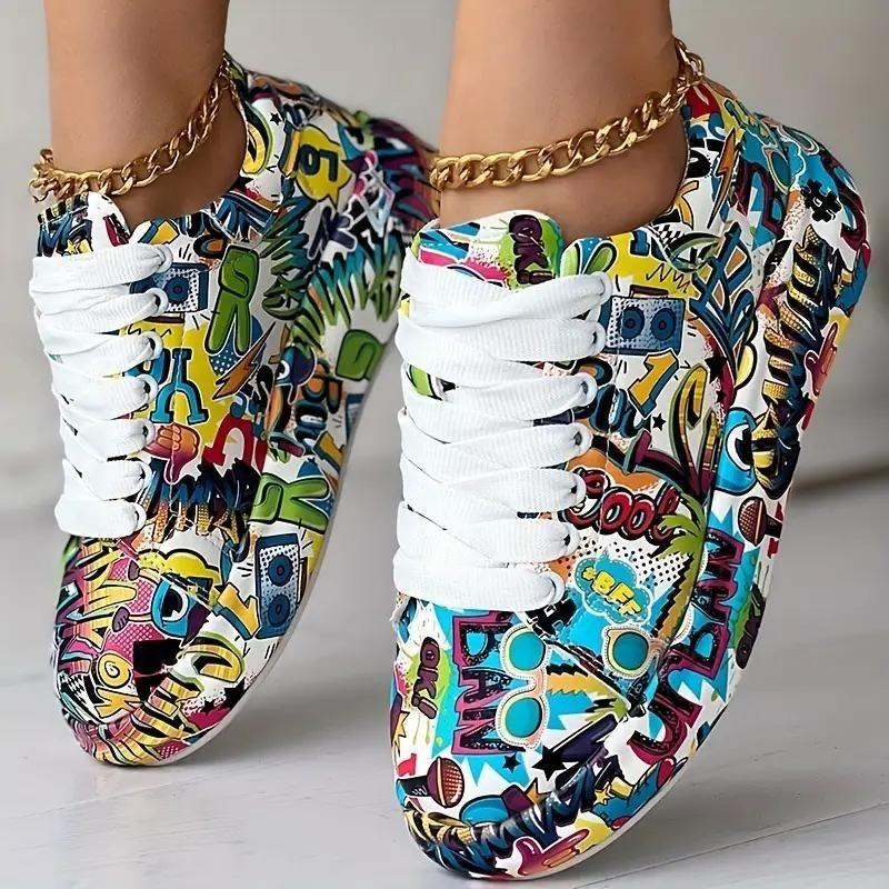 Damen-, Niedrig geschnitten, Freizeitschuhe, Graffiti-Druck, Sportschuhe, Schnürschuhe, Dicksohlig, Board-Schuhe