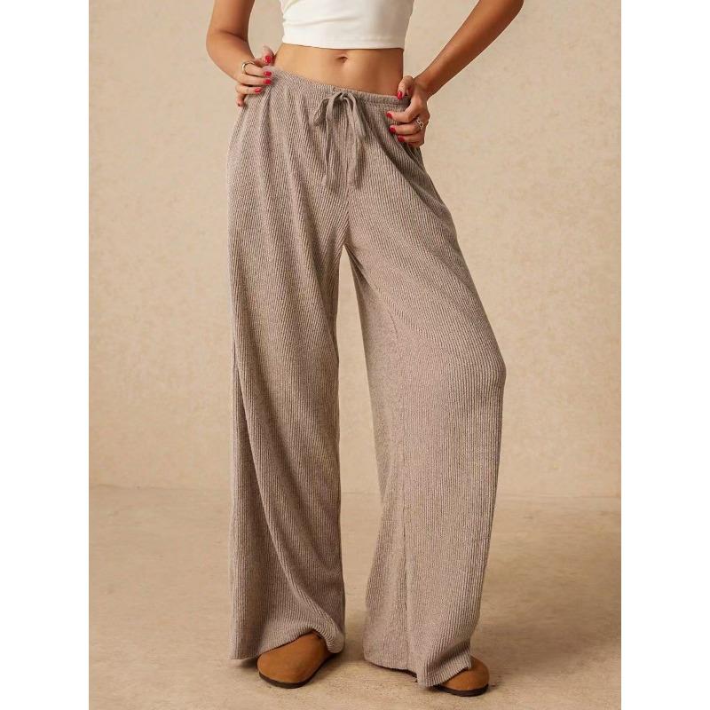 Women Taupe Ribbed Knit Drawstring Waist Wide Leg Pants S