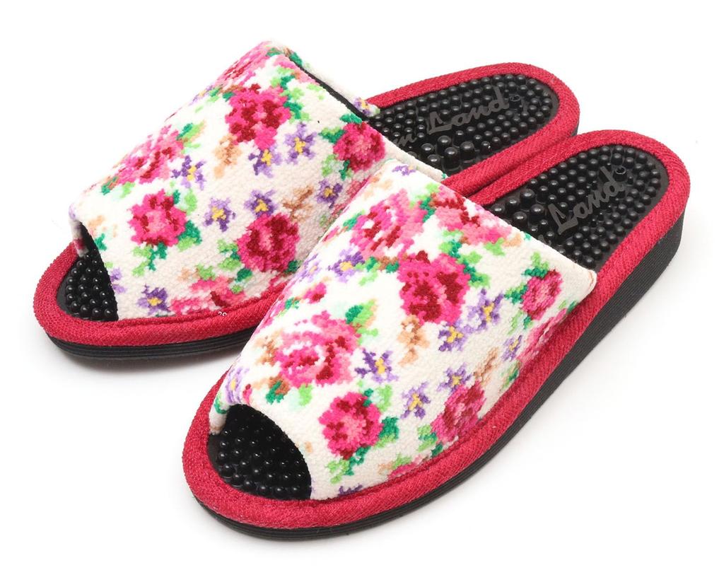 Made in Japan Chenille Floral Rose Healthy Slippers Reflexology Room Rose [Healthy Sandals, Shoes, Design] (Red)