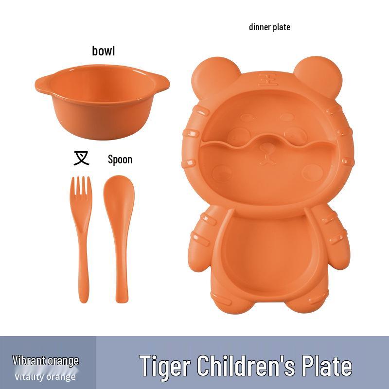 Cute Cartoon Kids' Divided Plate & Feeding Set: 4-Piece Infant Bowl, Spoon & Fork