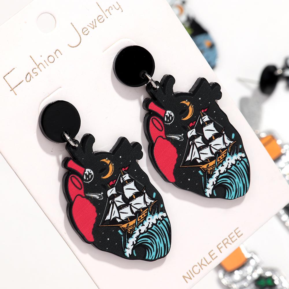 Gothic Skull Ticker Acrylic Print Earrings for Women Horror Cartoon skeleton Heart Bottle Pendant Earring Halloween Jewelry Gift