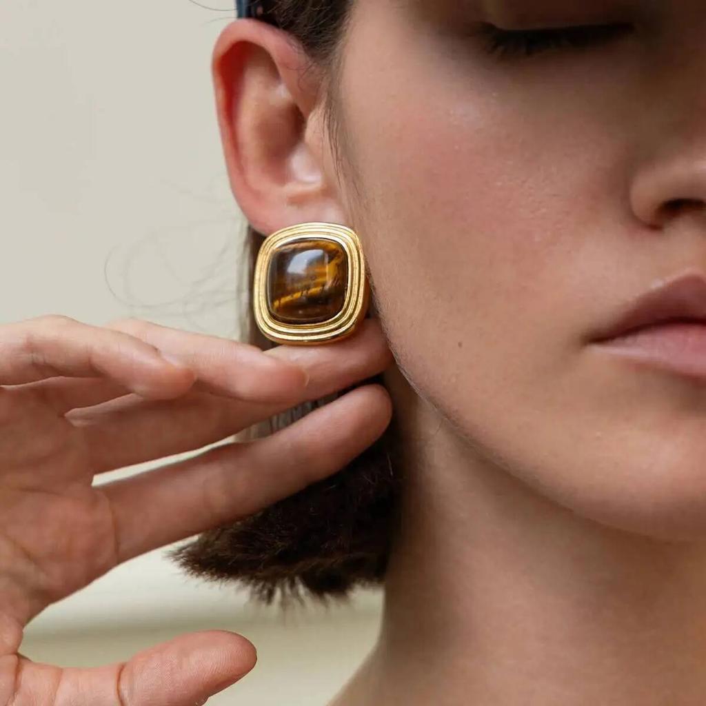 Salircon Classic Retro Tiger Eye Stud Earring For Women 18K Gold Plated Stainless Steel Piercing Ear Accessories Jewelry Gifts