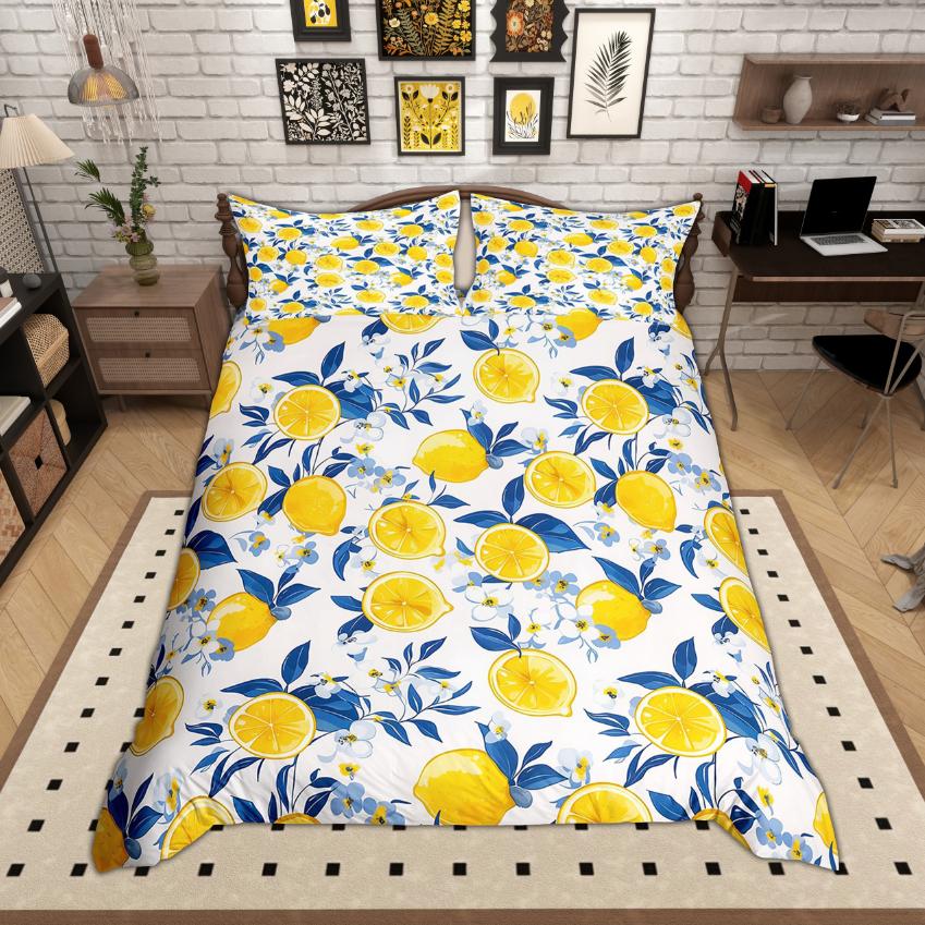 Homewish Tropical Fruit Duvet Cover Set Lemon Print Bedding Set Botanical Plant Leaf Quilt Cover Set Bedroom Decor