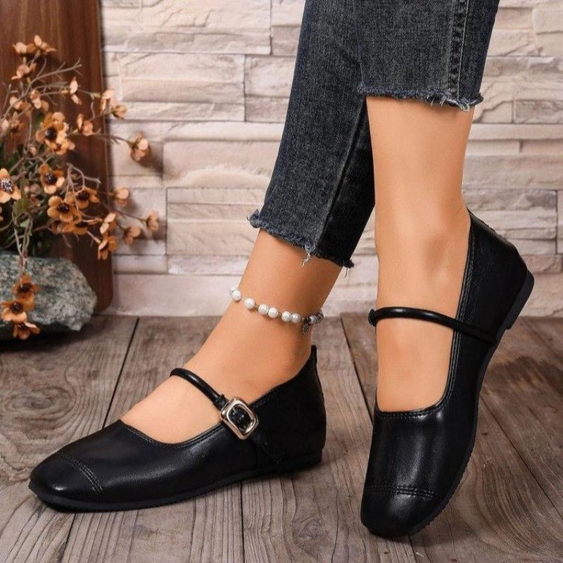 2026 New Fashion Single Shoes Autumn New Square Toe Shallow Mouth Metal Slip Strap Soft Sole Non-slip Wear-resistant Flats