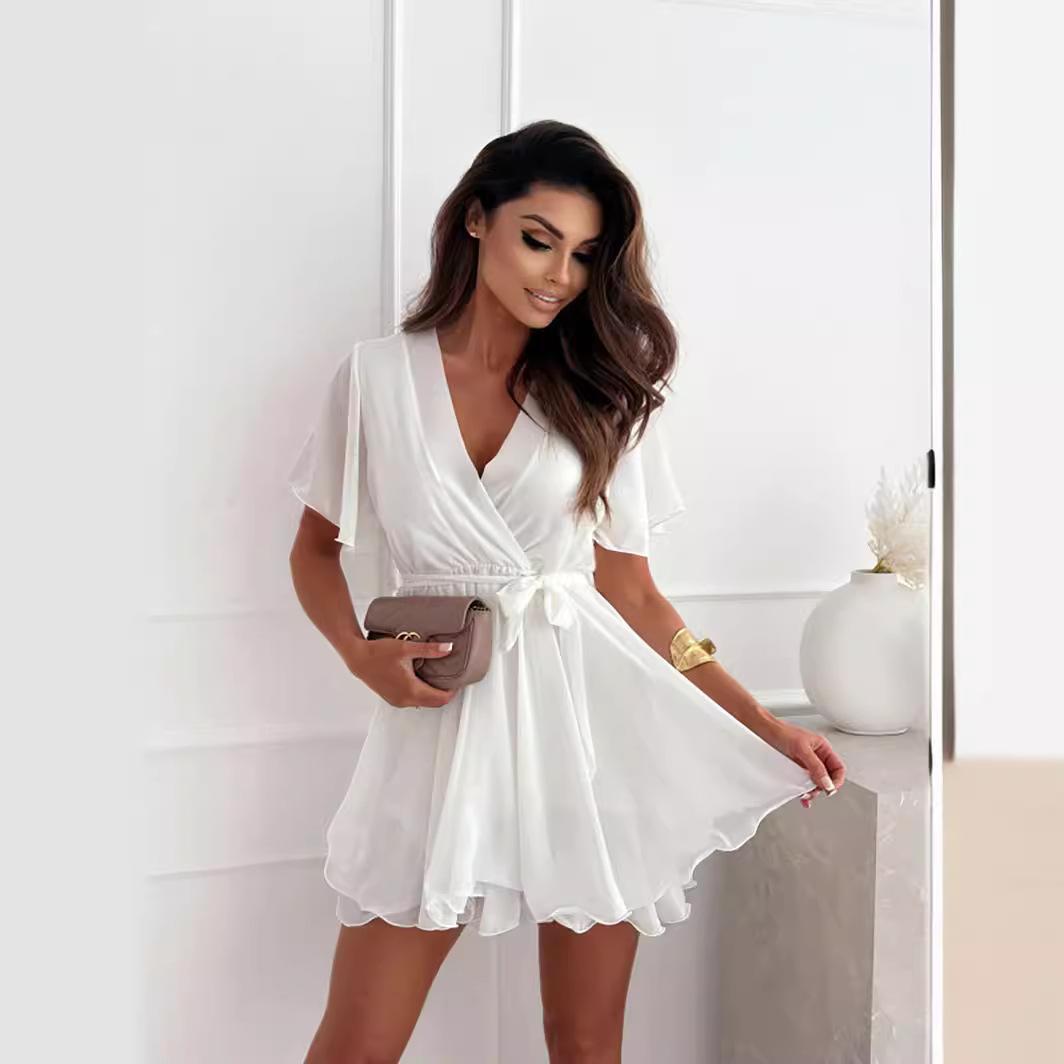 

GMXIA Женское летнее сексуальное мини-платье с V-образным вырезом, перекрестными бретелями, баской и шифоновой юбкой S белый