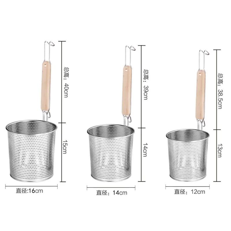 Stainless Steel Wooden Handle Frying Basket Strainer Dumplings Noodles Cooking Colanders Chef Basket Kitchen Sink Strainer Tools