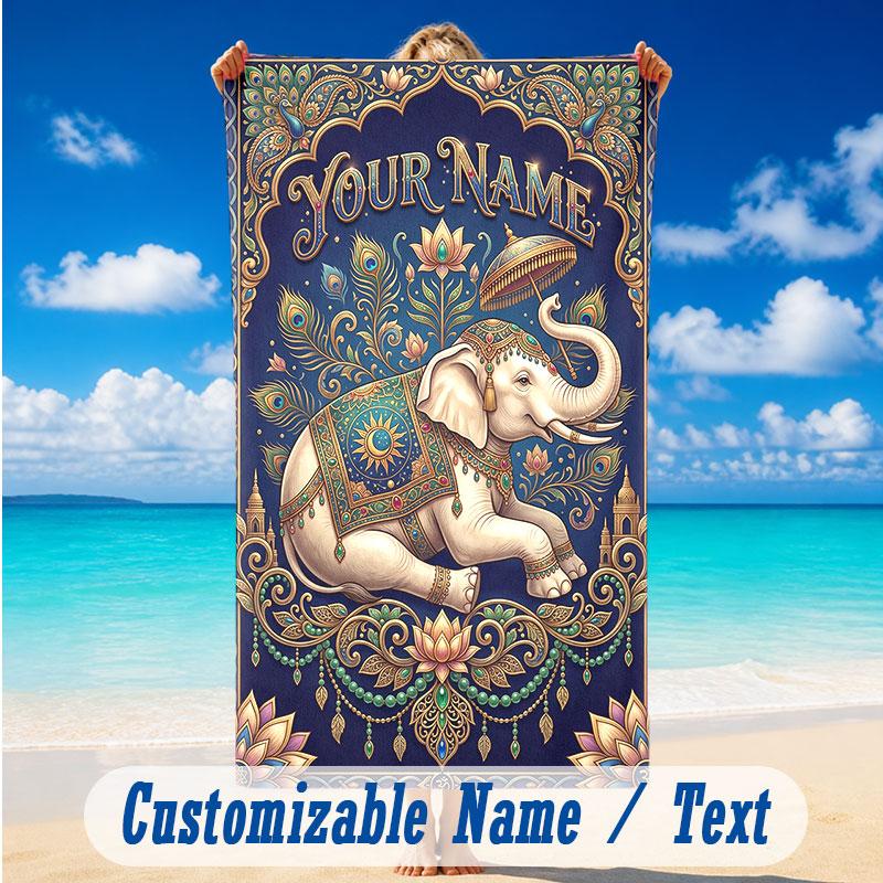 Elephant Theme Beach Towel Personalized Custom Name & Text Soft Quick Dry Beach Towel for Swimming Travel
