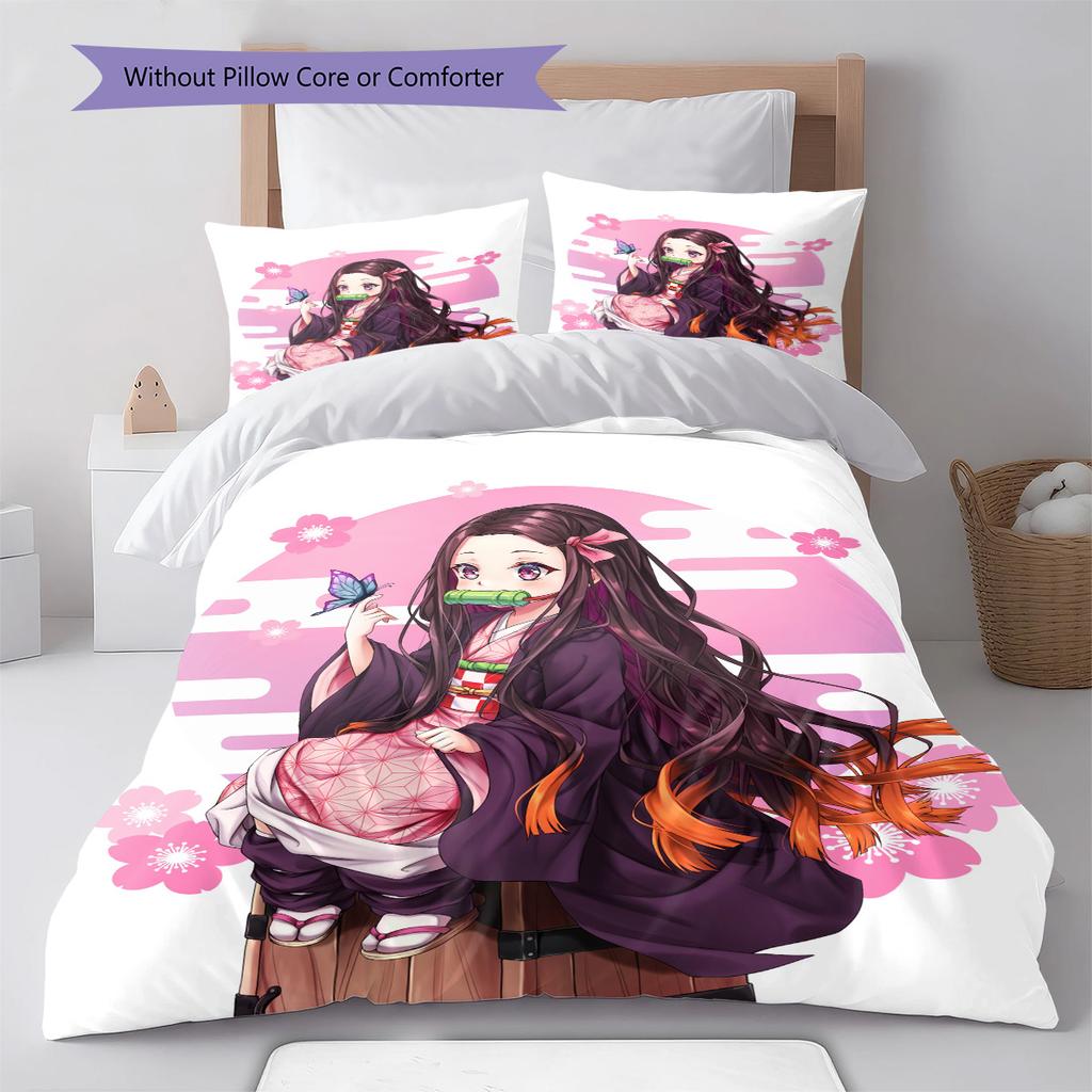 Demon Slayer Nezuko Kamado Magical Anime Bedding Set Duvet Cover Polyester Soft Comforter Bedroom Set -QJY