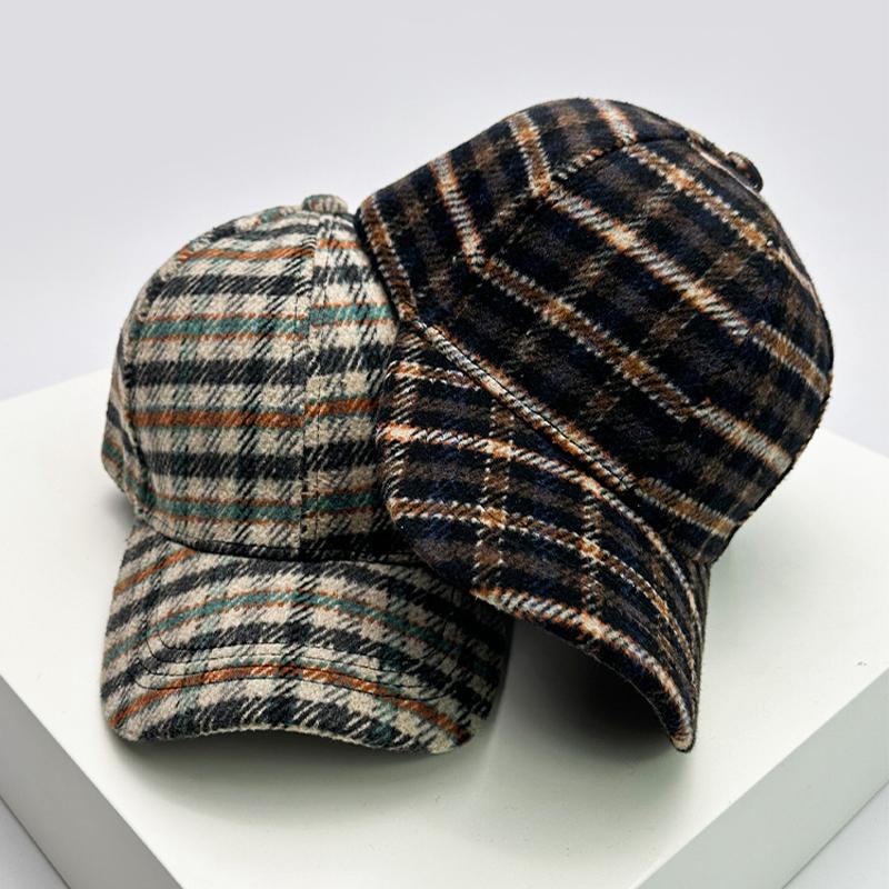 Herbst und Winter Neue Herren Damen Warmer Wollstoff Streifen Karomuster Baseballkappen Vielseitige Mode Britischer Stil Retro Hahnentrittmuster
