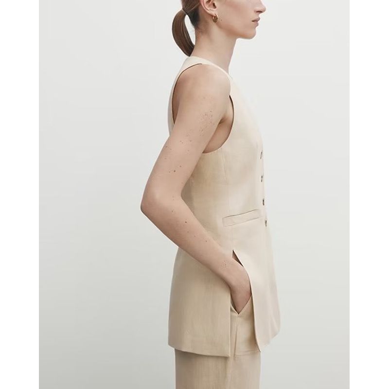 Spring New Arrival Workplace Work Clothing Office Lady Style Outwear Side Slit Plaid Pure Linen Suit Vest 6036575