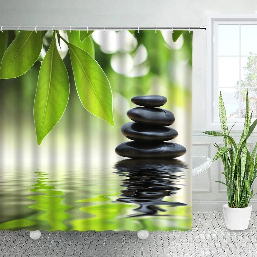 3D Black Stone Green Bamboo Zen Shower Curtain Set Purple Orchid Buddha Natural Landscape Bathroom Decor Polyester Bath Curtains