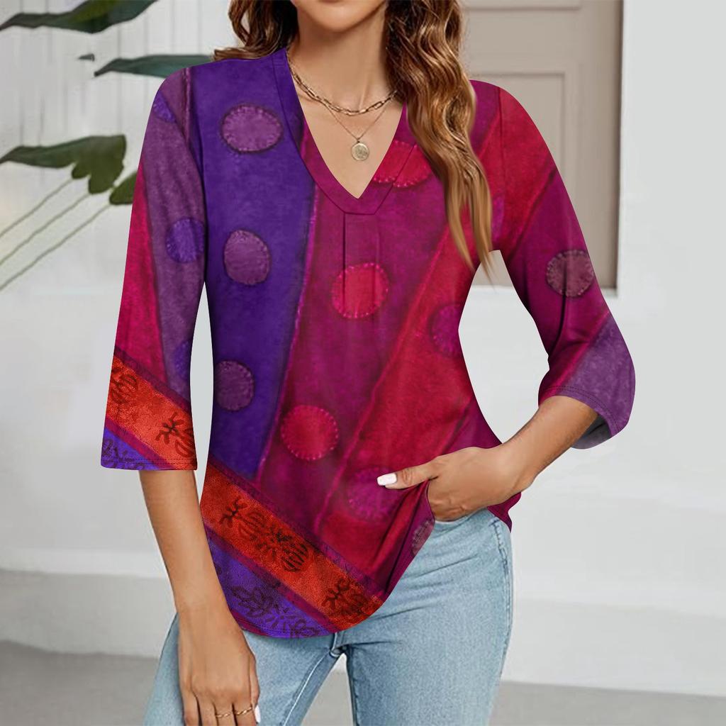 Modisches Oberteil mit V-Ausschnitt, Farbverlauf-Print und Dreiviertelärmeln für Damen