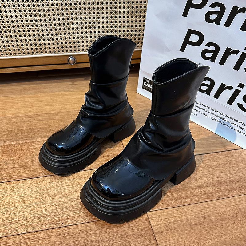 

New thick heel Martin boots women s 2025 autumn and winter mid-tube boots women s round head versatile women s boots thick-soled pleated fashion trend 40 чёрный