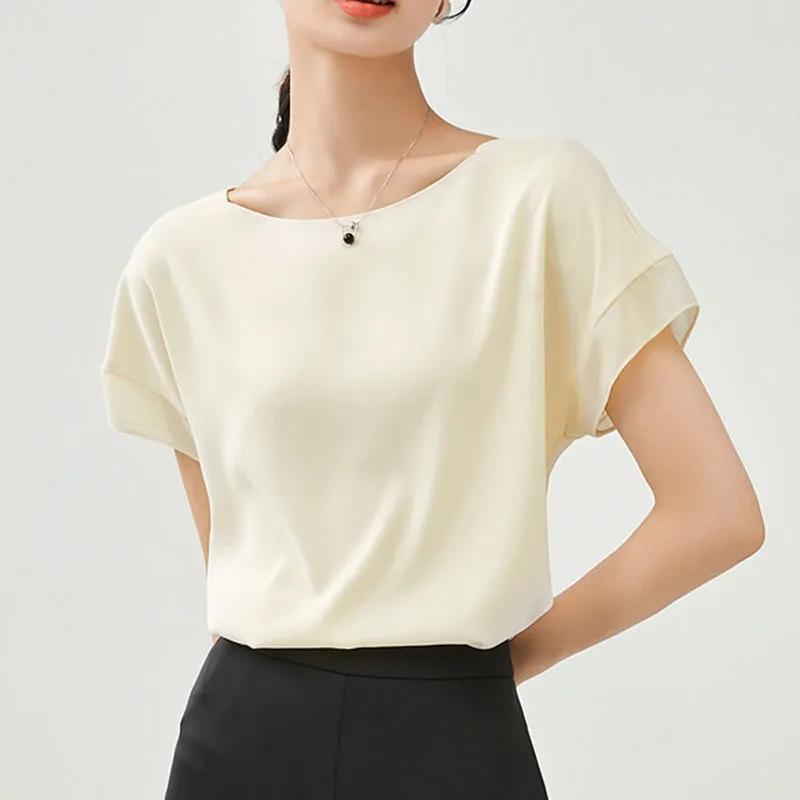 Temperamentní šifonová košile pro ženy letní tenký top s krátkým rukávem šitý rukáv pulovrová halenka jednobarevná volná ležérní univerzální halenky top