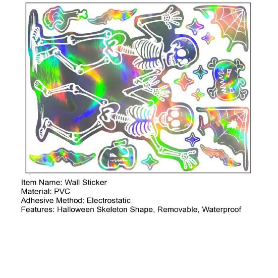 Halloween Skeleton Window Cling Waterproof PVC Holographic Skeleton Static Glass Sticker Home Bedroom Holiday Party Decoration Decal