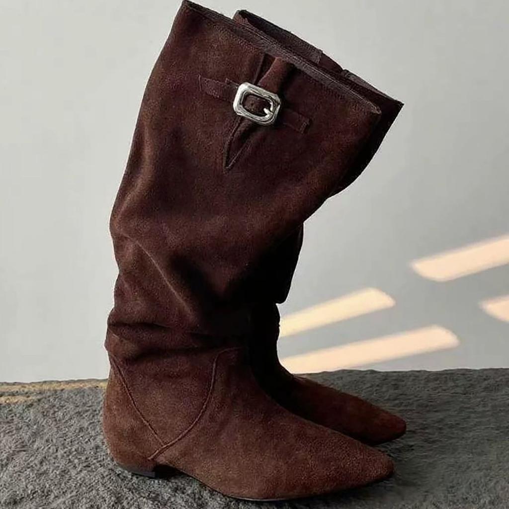 Sheepskin version~ Pile boots belt buckle skinny boots pointed low heel retro western cowboy boots female knight boots