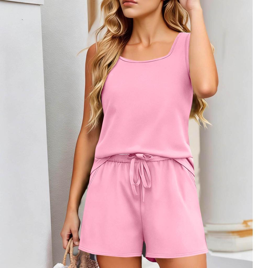 Women's Fashionable, Casual And Comfortable Sleeveless Square-Neck -Colour High-Waisted Shorts Casual Two-Piece Set