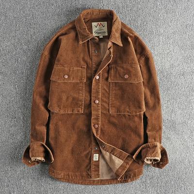 Herren Winter Vintage Einfaches Cordhemd Einfarbig Langarm Große Tasche Freizeitjacke
