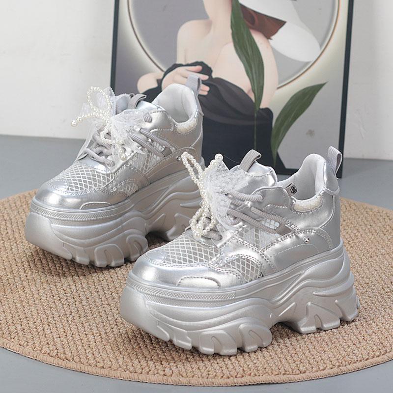 Fashion 11CM  Air Mesh Microfiber Leather High Brand Comfy Chunky Sneaker Lace Up Shoes Sandals Women Platform Wedge Fashion Summer